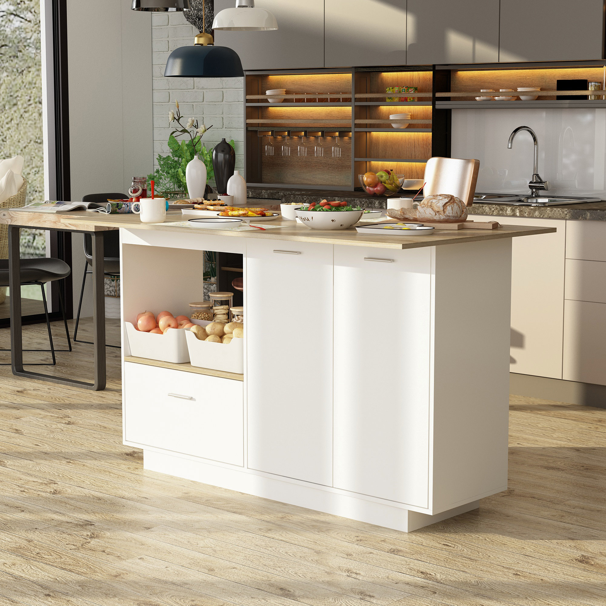 Ebern Designs Kitchen Island With Drop-Leaf Countertop, Kitchen